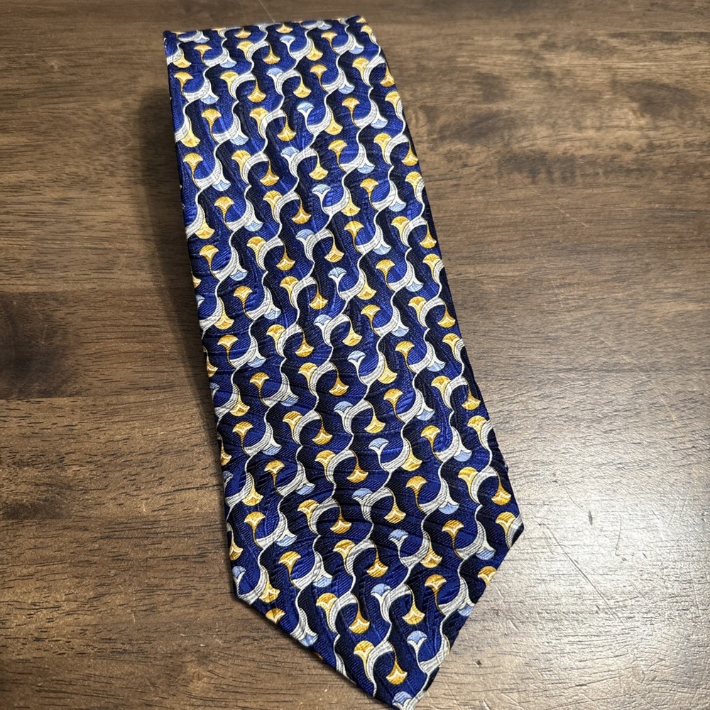 Robert Talbott Studio Silk Tie Blue Gold White Geometric Neck Tie USA